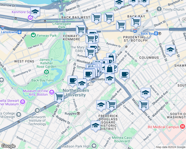map of restaurants, bars, coffee shops, grocery stores, and more near 52 Gainsborough Street in Boston