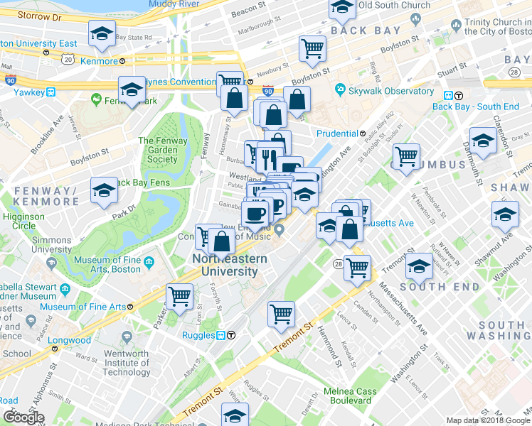 map of restaurants, bars, coffee shops, grocery stores, and more near 52 Gainsborough Street in Boston