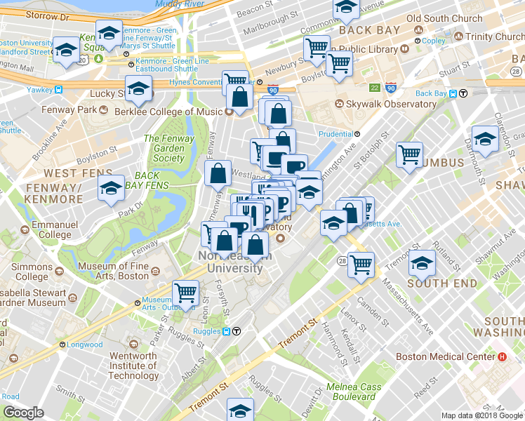map of restaurants, bars, coffee shops, grocery stores, and more near 77 Saint Stephen Street in Boston