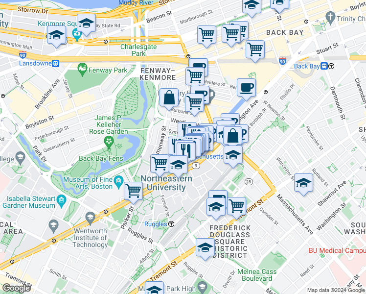 map of restaurants, bars, coffee shops, grocery stores, and more near 77 Saint Stephen Street in Boston