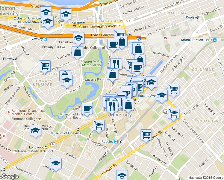 map of restaurants, bars, coffee shops, grocery stores, and more near 143 Hemenway Street in Boston