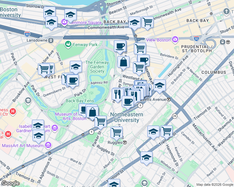 map of restaurants, bars, coffee shops, grocery stores, and more near 143 Hemenway Street in Boston