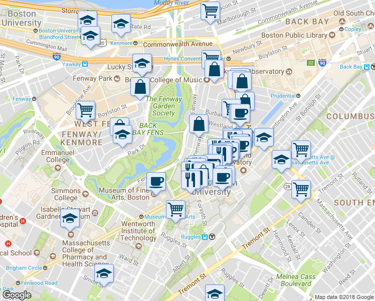 map of restaurants, bars, coffee shops, grocery stores, and more near 143 Hemenway Street in Boston
