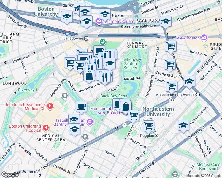 map of restaurants, bars, coffee shops, grocery stores, and more near Emerald Necklace in Boston