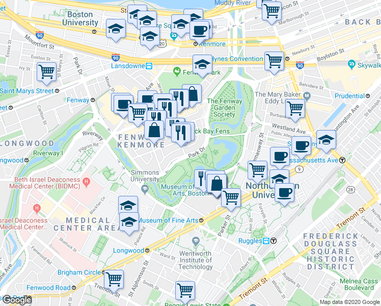 map of restaurants, bars, coffee shops, grocery stores, and more near Emerald Necklace in Boston