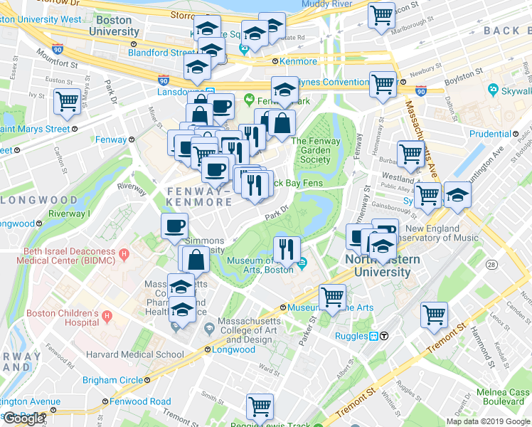 map of restaurants, bars, coffee shops, grocery stores, and more near Emerald Necklace in Boston
