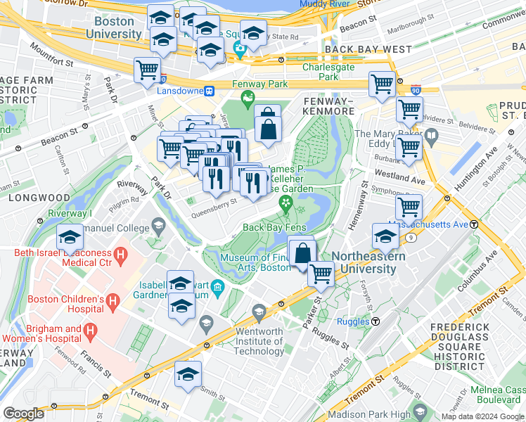map of restaurants, bars, coffee shops, grocery stores, and more near 111 Park Drive in Boston