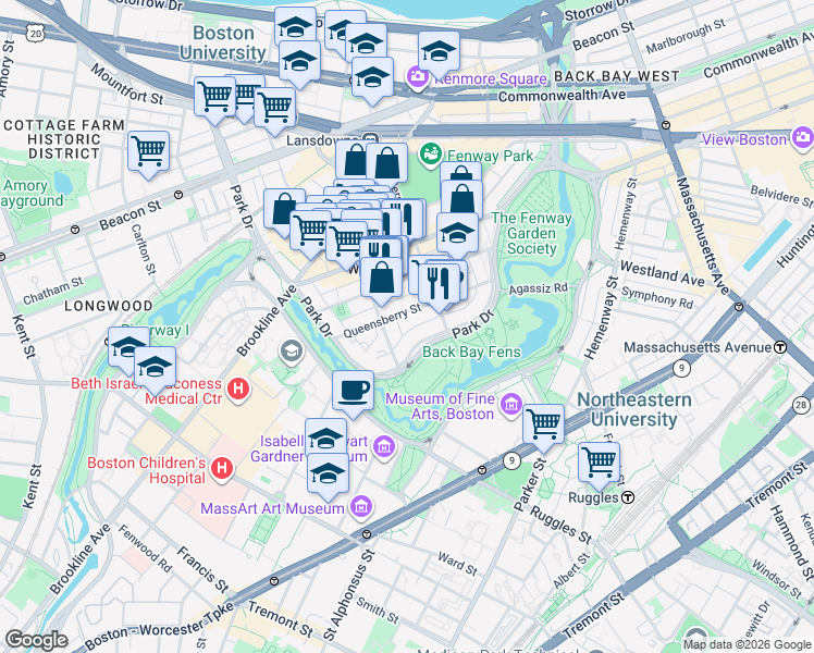 map of restaurants, bars, coffee shops, grocery stores, and more near 58 Queensberry Street in Boston