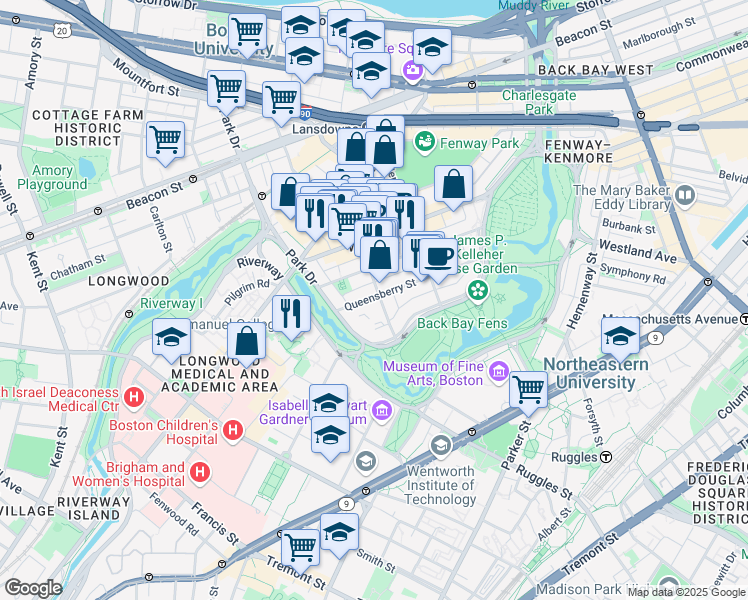 map of restaurants, bars, coffee shops, grocery stores, and more near 105 Queensberry Street in Boston
