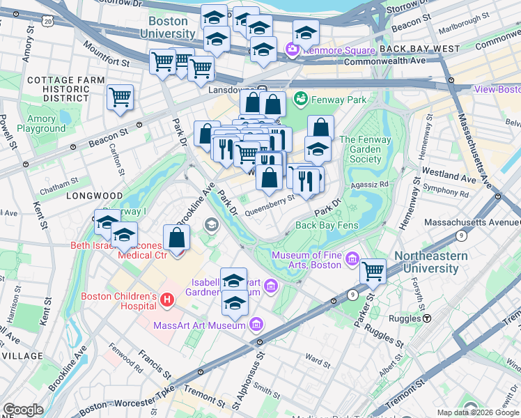 map of restaurants, bars, coffee shops, grocery stores, and more near 104 Queensberry Street in Boston