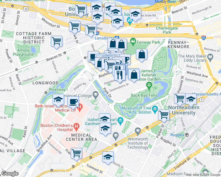 map of restaurants, bars, coffee shops, grocery stores, and more near 105 Queensberry Street in Boston
