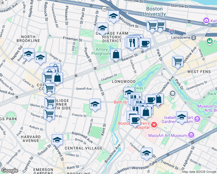 map of restaurants, bars, coffee shops, grocery stores, and more near 101 Colchester Street in Brookline