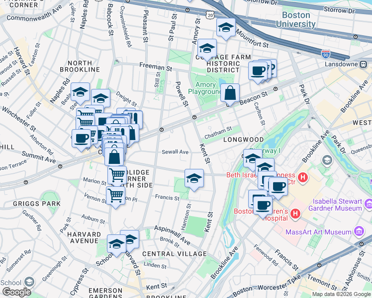 map of restaurants, bars, coffee shops, grocery stores, and more near 138 Sewall Avenue in Brookline