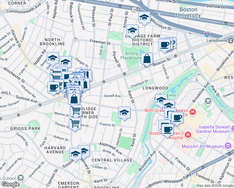 map of restaurants, bars, coffee shops, grocery stores, and more near 138 Sewall Avenue in Brookline