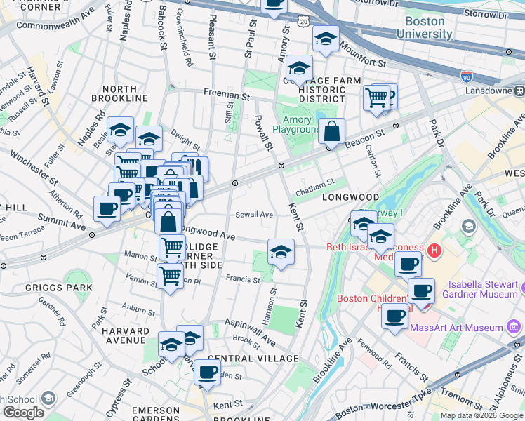 map of restaurants, bars, coffee shops, grocery stores, and more near 138 Sewall Avenue in Brookline