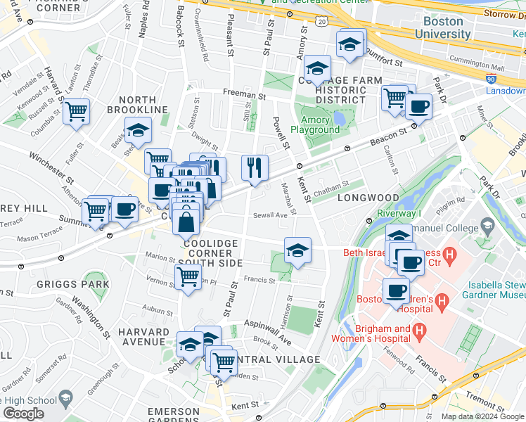 map of restaurants, bars, coffee shops, grocery stores, and more near 102 Sewall Avenue in Brookline