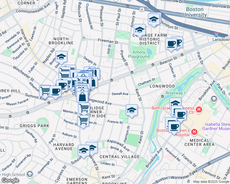 map of restaurants, bars, coffee shops, grocery stores, and more near 102 Sewall Avenue in Brookline
