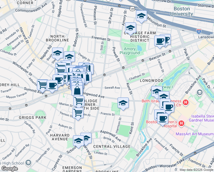 map of restaurants, bars, coffee shops, grocery stores, and more near 102 Sewall Avenue in Brookline
