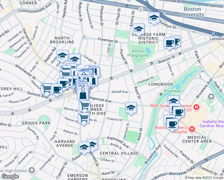 map of restaurants, bars, coffee shops, grocery stores, and more near 102 Sewall Avenue in Brookline