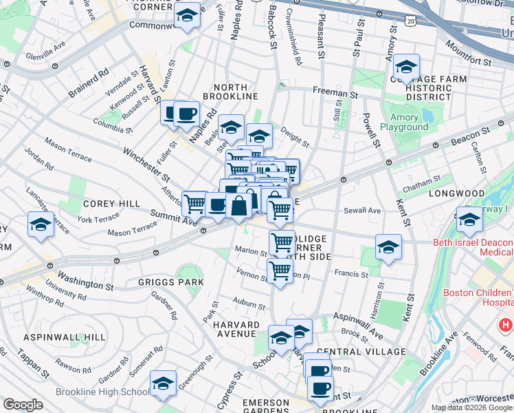 map of restaurants, bars, coffee shops, grocery stores, and more near 284 Harvard Street in Brookline