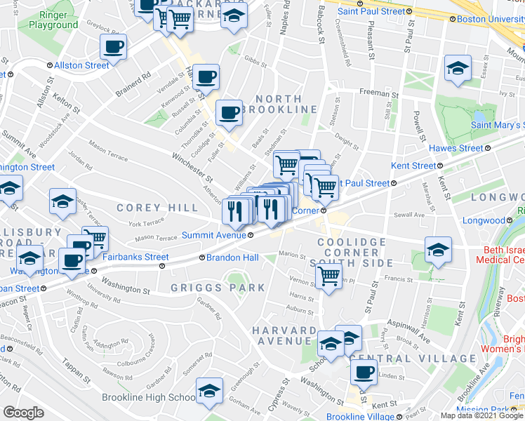 map of restaurants, bars, coffee shops, grocery stores, and more near 24 Winchester Street in Brookline