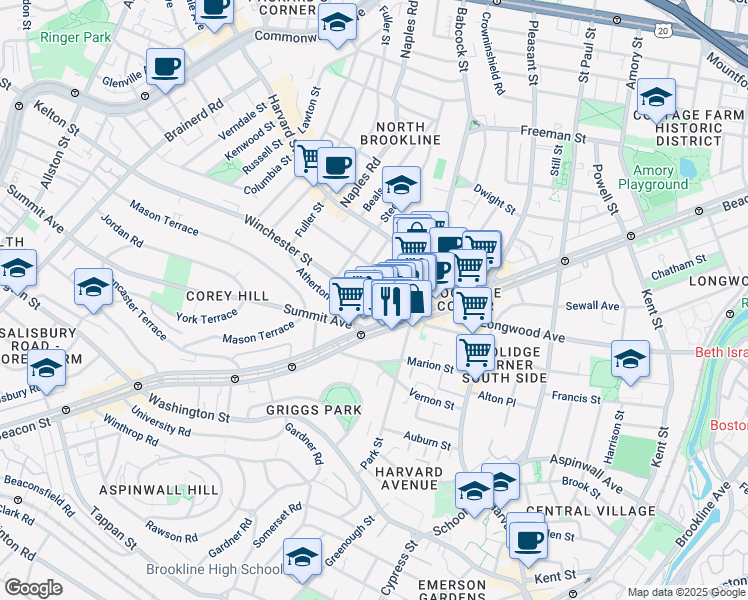map of restaurants, bars, coffee shops, grocery stores, and more near 24 Winchester Street in Brookline