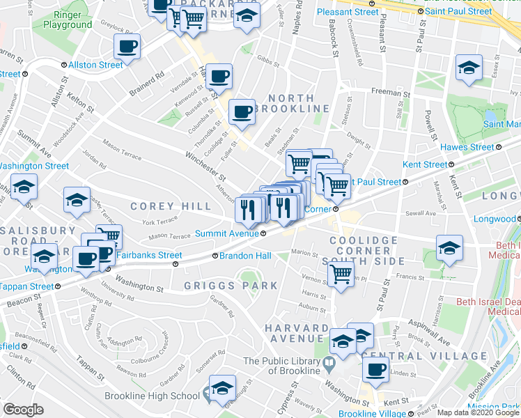 map of restaurants, bars, coffee shops, grocery stores, and more near 24 Winchester Street in Brookline