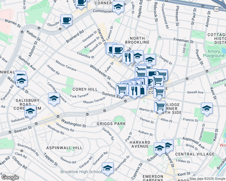 map of restaurants, bars, coffee shops, grocery stores, and more near 28 Atherton Road in Brookline