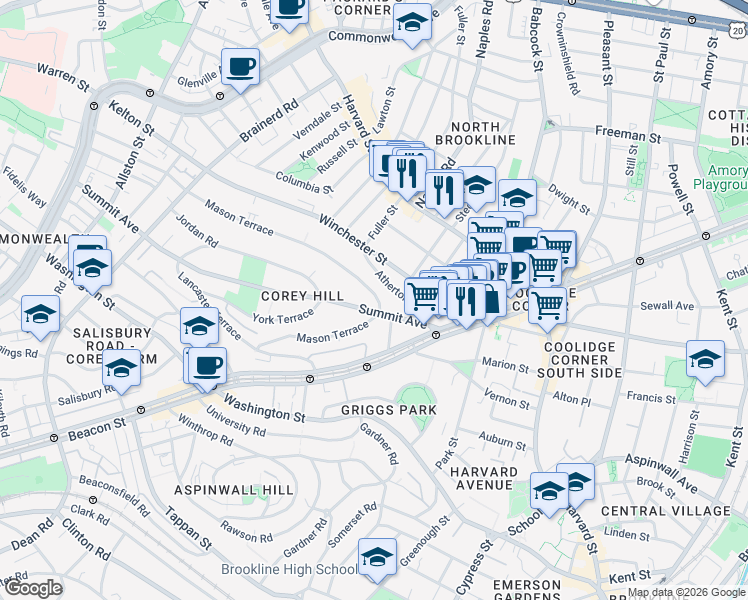 map of restaurants, bars, coffee shops, grocery stores, and more near 138 Mason Terrace in Brookline