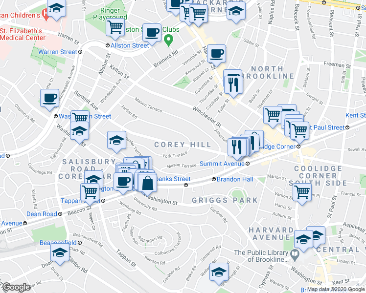 map of restaurants, bars, coffee shops, grocery stores, and more near 122 Summit Avenue in Brookline