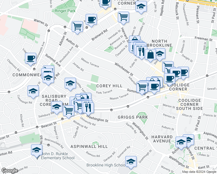 map of restaurants, bars, coffee shops, grocery stores, and more near 122 Summit Avenue in Brookline