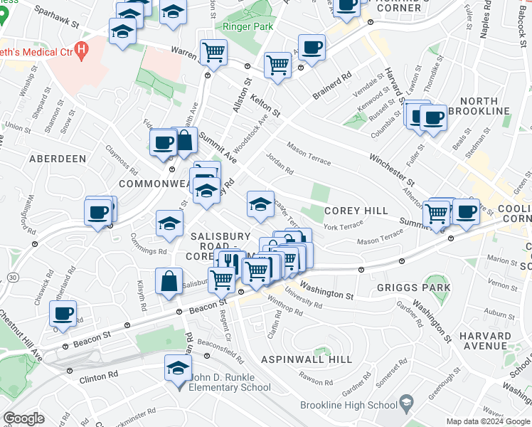 map of restaurants, bars, coffee shops, grocery stores, and more near 94 Westbourne Terrace in Brookline