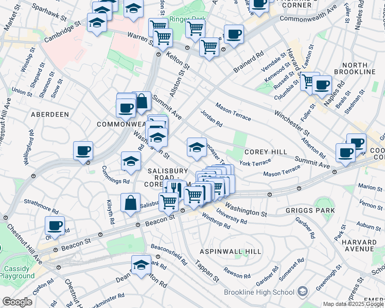 map of restaurants, bars, coffee shops, grocery stores, and more near 94 Westbourne Terrace in Brookline