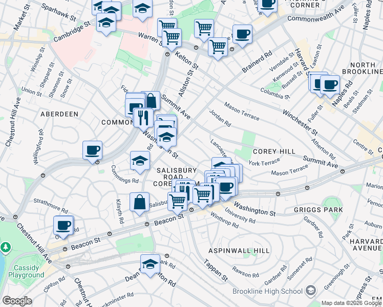 map of restaurants, bars, coffee shops, grocery stores, and more near 28 Bartlett Crescent in Brookline