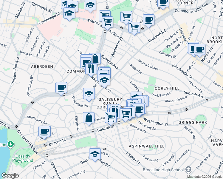map of restaurants, bars, coffee shops, grocery stores, and more near 28 Bartlett Crescent in Brookline