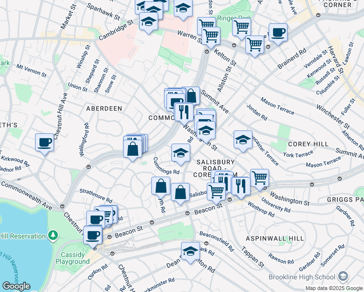 map of restaurants, bars, coffee shops, grocery stores, and more near 19 Mount Hood Road in Boston