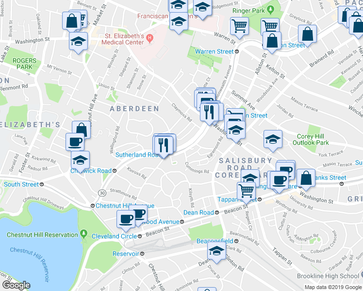 map of restaurants, bars, coffee shops, grocery stores, and more near 1665 Commonwealth Avenue in Boston