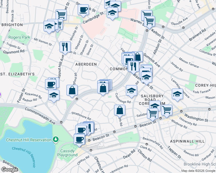 map of restaurants, bars, coffee shops, grocery stores, and more near 1691 Commonwealth Avenue in Boston