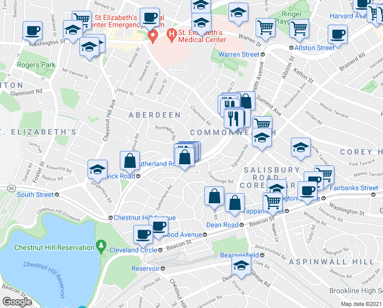 map of restaurants, bars, coffee shops, grocery stores, and more near 1691 Commonwealth Avenue in Boston