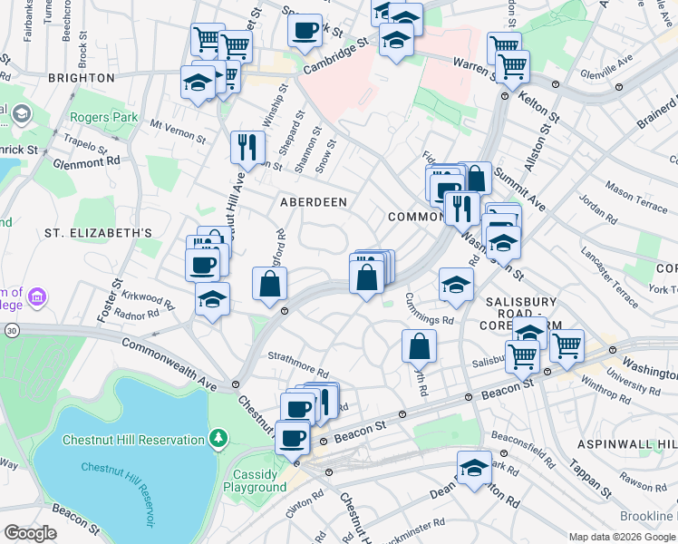 map of restaurants, bars, coffee shops, grocery stores, and more near 1713-1715 Commonwealth Avenue in Boston