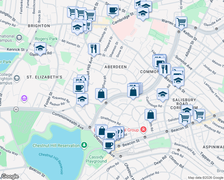 map of restaurants, bars, coffee shops, grocery stores, and more near 14 Leamington Road in Boston