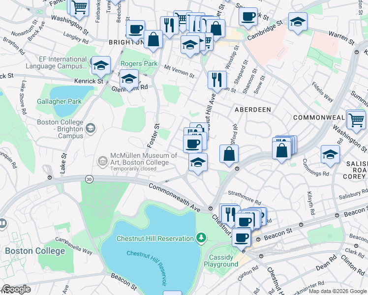 map of restaurants, bars, coffee shops, grocery stores, and more near 25 Embassy Road in Boston
