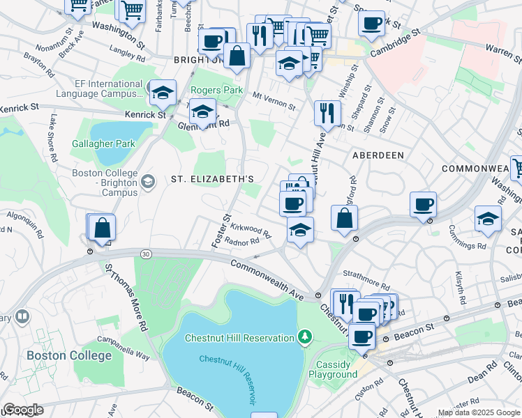 map of restaurants, bars, coffee shops, grocery stores, and more near 201 Chiswick Road in Boston