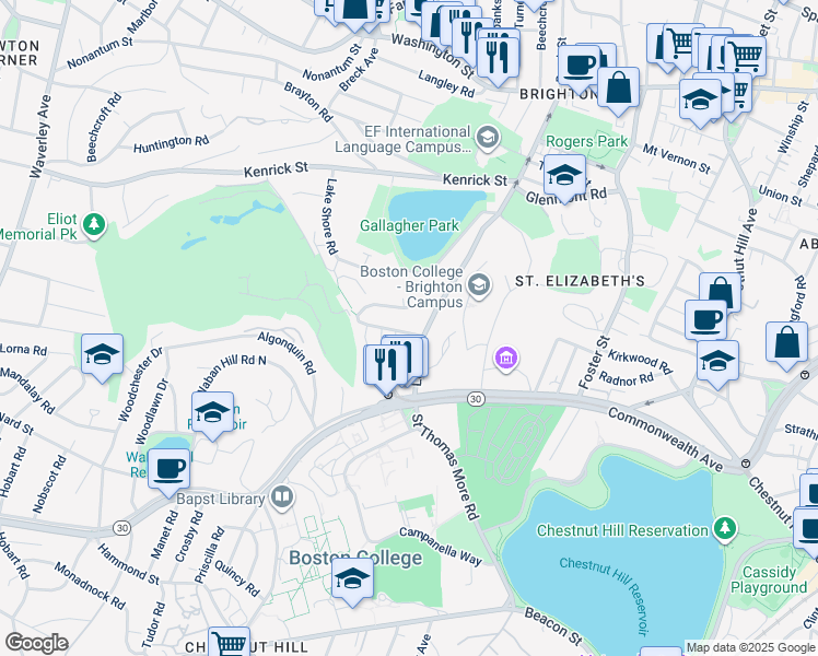 map of restaurants, bars, coffee shops, grocery stores, and more near 40 Lake Street in Boston