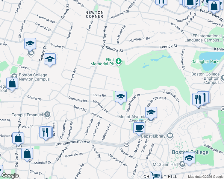 map of restaurants, bars, coffee shops, grocery stores, and more near 77 Montrose Street in Newton