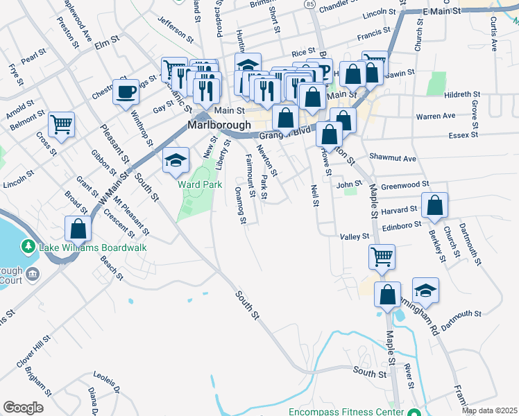 map of restaurants, bars, coffee shops, grocery stores, and more near 123 Fairmount Street in Marlborough