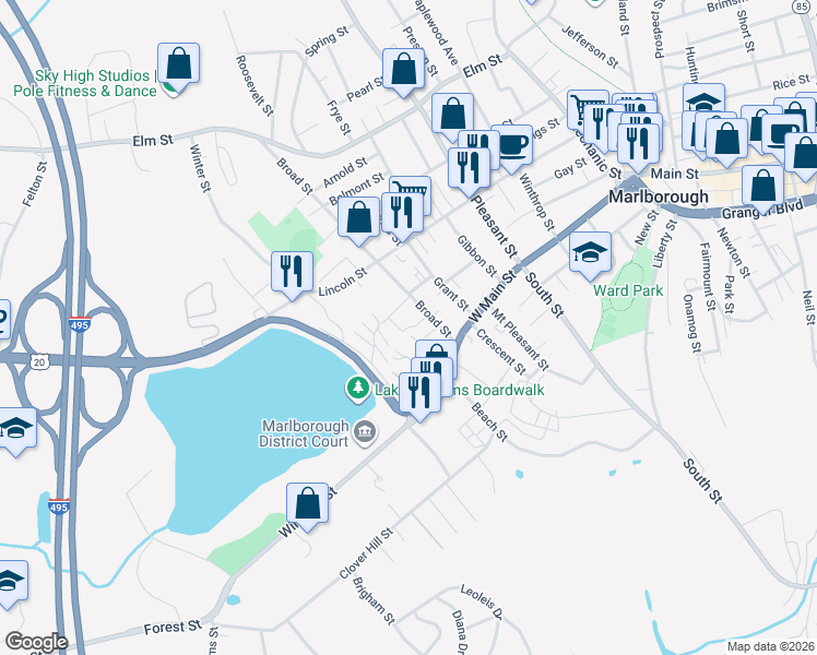 map of restaurants, bars, coffee shops, grocery stores, and more near 16 Saint Mary's Way in Marlborough