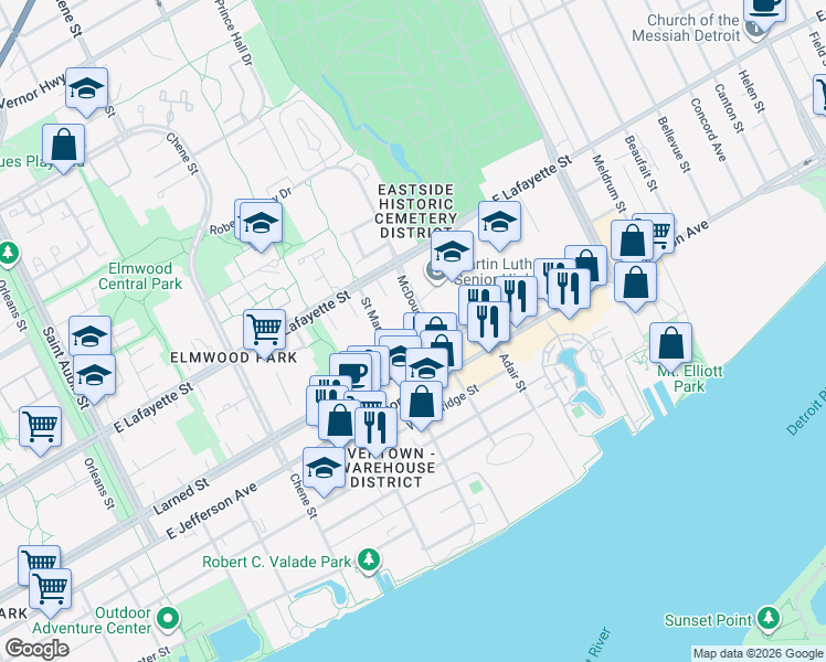 map of restaurants, bars, coffee shops, grocery stores, and more near 511 McDougall Street in Detroit