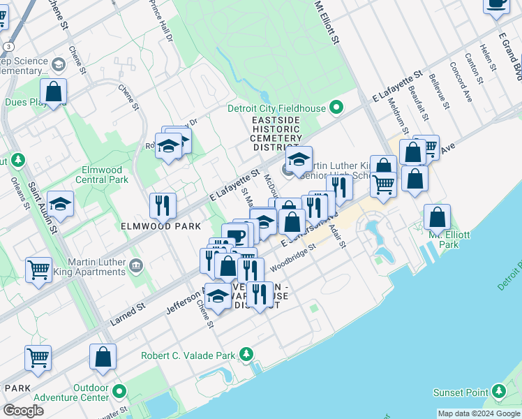 map of restaurants, bars, coffee shops, grocery stores, and more near 685 Saint Maron Place in Detroit
