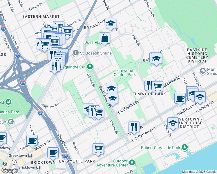 map of restaurants, bars, coffee shops, grocery stores, and more near 1102 Saint Aubin Place in Detroit